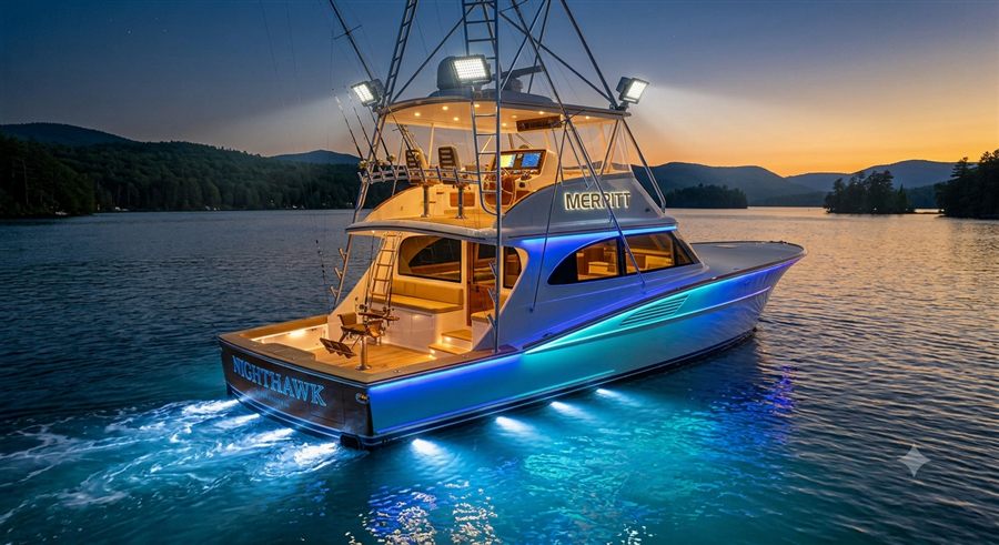 Sportfish yacht with underwater and deck LED lighting at dusk