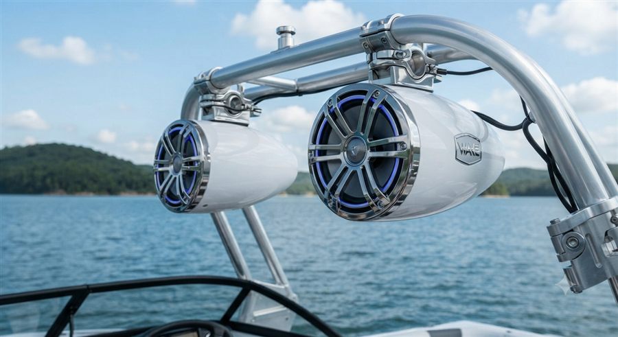 Marine wake tower speakers installed on a boat